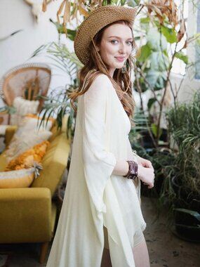 White Frayed Kimono Open Grid Fabric One Size Casual Fringes Wrap Duster